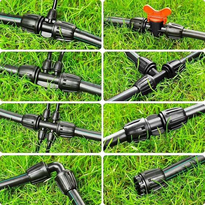 JAYEE Drip Irrigation Fittings Kit for 1/2 Inch Tubing, 22 Pcs Drip Line Parts Locked Nut for Sprinkler System - 3 Tee, 3 Coupling, 3 Elbow, 3 End Closure Plug, 2 Switch Valve, 8 Reducing Connectors