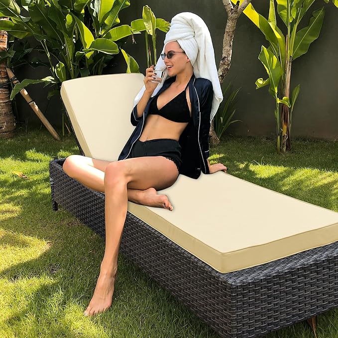 Outdoor Chaise Lounge Cushion Set of 2, Fadesafe Water-Repellent Lounge Deck Reclining Chair Cushions for Patio Furniture Lawn Pool Resort Hotel, 80x26x3 Inch, Beige