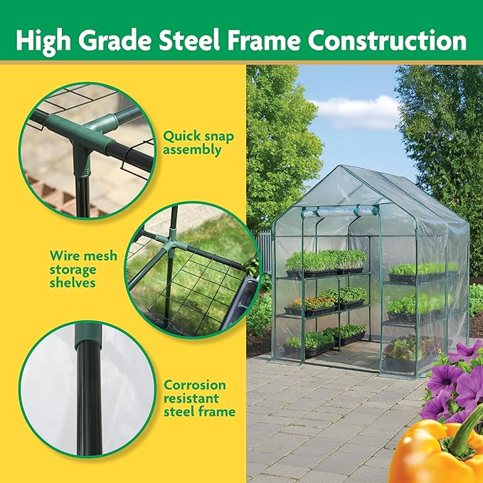 Miracle-GRO 4'8" x 4'8" x 6'5" Outdoor Mini Walk-in Greenhouse Plant Tent, All-Season Small Walk-in Plant Growth Accelerator with 8 Wire Shelves, Clear