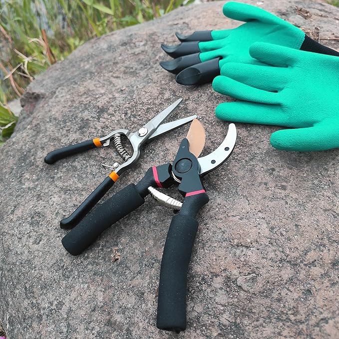 2Pack Pruning Shears, Garden Shears, Pruning Shears for Gardening, Gardening Shears Scissors Clippers, Garden Tools Set with Gloves, Bypass Hand Pruner, Soft Grip Handle