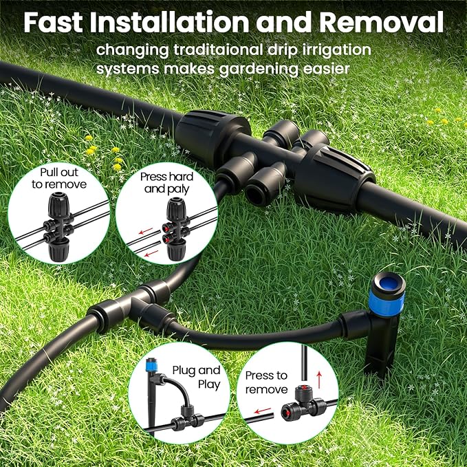MIXC Drip Irrigation System,Quick Connector Garden Watering System Automatic Sprinkler System Kit for Lawn Raised Bed Greenhouse Plant Watering System (16FT Main Tube+ 79FT 1/4'' Tube)