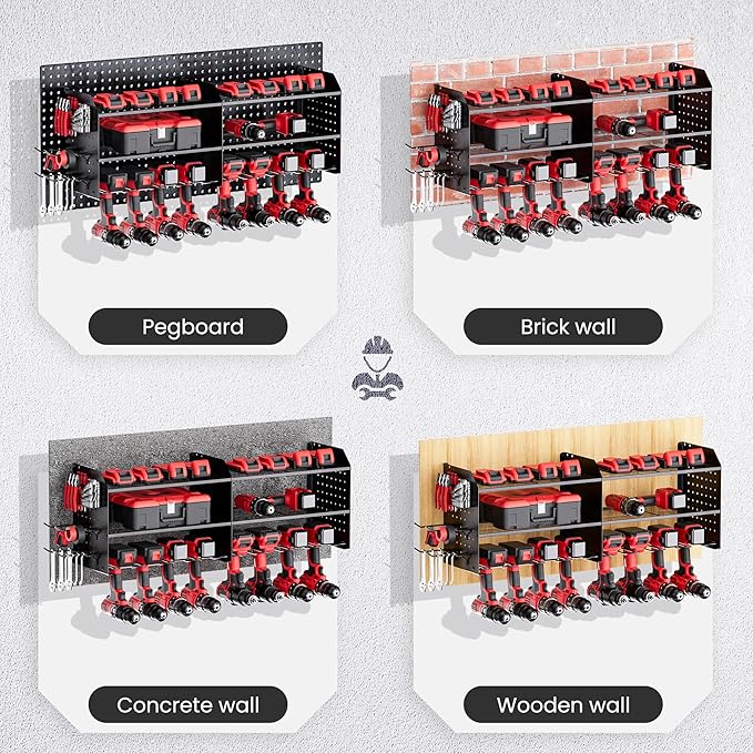 TRZZ 2-in-1 Power Tool Organizer Wall Mount, 3-Layer Drill Holder with 2 Side Pegboards, 8 Drill Holders, 4 Hooks, and 1 Drill Bit Rack, Tool Storage for Garage, Workshop, and Tool Room (Black)