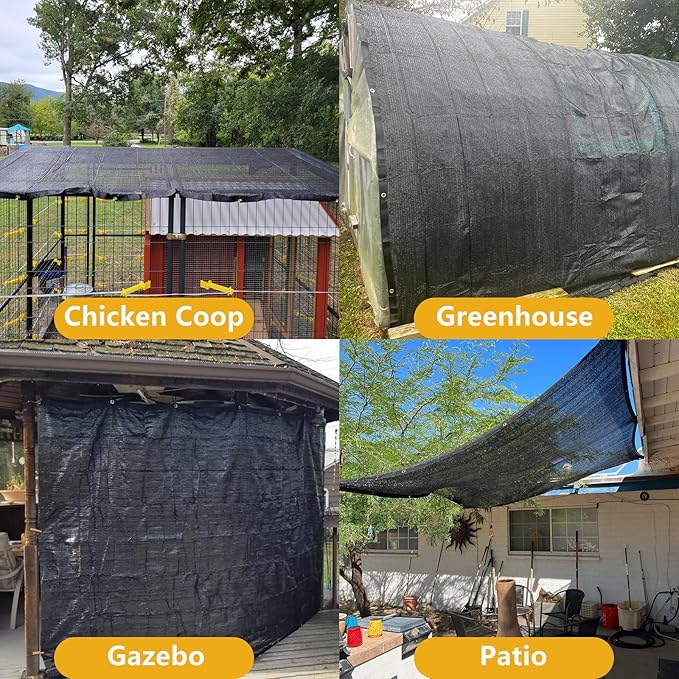 POYEE 90% 12ftx15ft Black Shade Cloth Taped Edge with Brass Grommets Garden Sun Shade UV Resistant Sunblock Shade Net for Outdoor Plants Vegetables Greenhouse