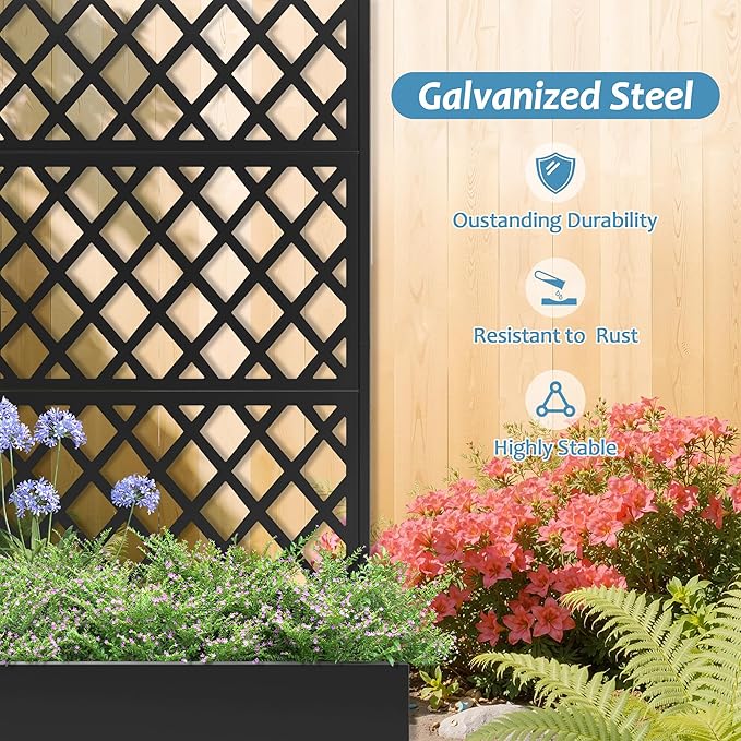 Metal Planter Box with Trellis & Wheels, Raised Garden Bed with Privacy Screen, Outdoor Standing Flower Beds with Drainage Hole for Climbing Plants, Vine, 35.4" L x 15.7" W x 70.9" H, Black