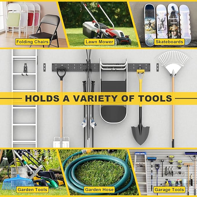 Ultrawall Garage Storage Organization, Versatile Storage Hooks Garden Tool Organizer Wall Mount, 48 Inch Yard Tool Organizer Hangers for Shovels, Rakes, Ladders, 15pcs Black