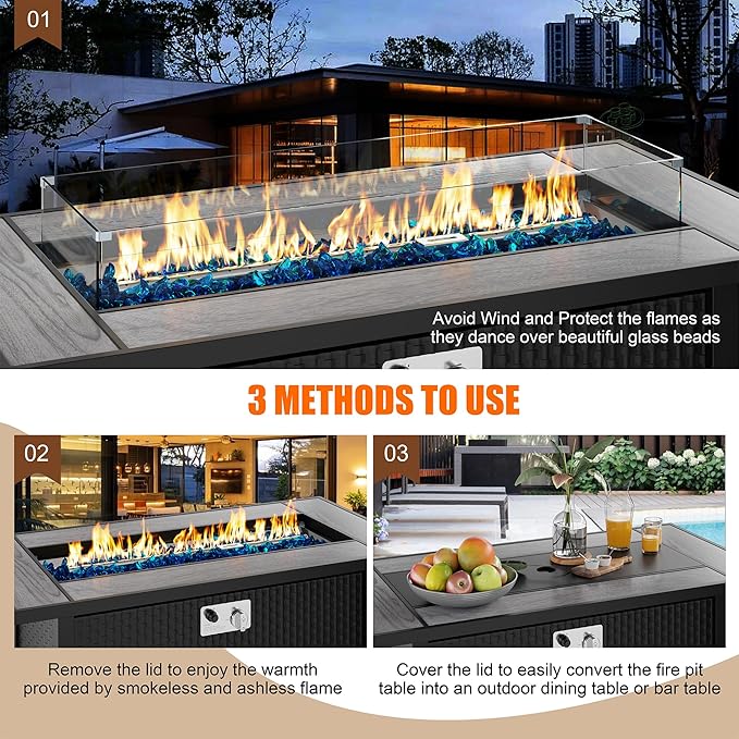 45 inch Outdoor Propane Fire Pit 50,000 BTU Gas Fire Pit Table with Lid, Glass Wind Guard, Waterproof Cover, Rectangle Gas Firepit Table for Garden/Patio, CSA Certification