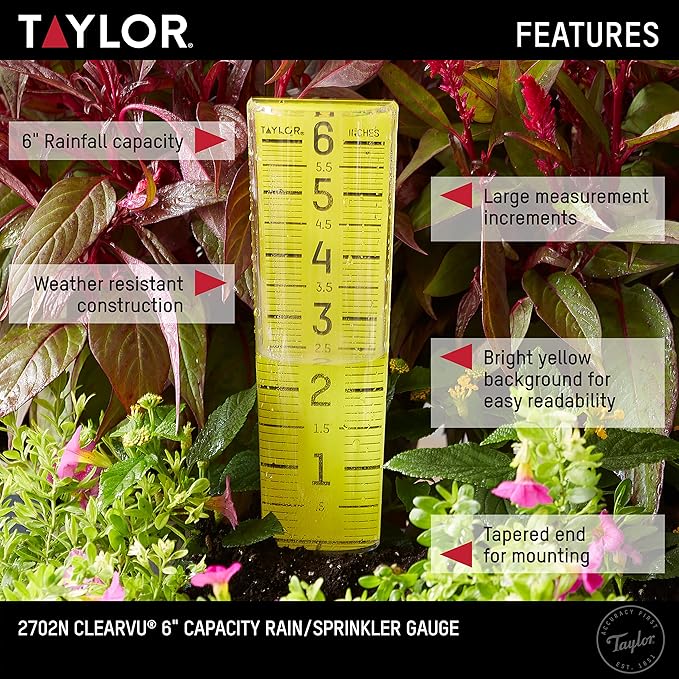 Taylor ClearVu Rain and Sprinkler Gauge, Measure and Monitor Precipitation, Easy to Read for Backyard, Patio, Garden, and Lawn, 6-inch Capacity, Clear