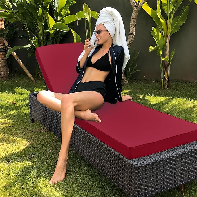 Chaise Lounge Cushion Outdoor, Waterproof and Stain-Resistant Lounge Deck Reclining Chair Cushions for Patio Furniture Lawn Pool Resort Hotel, 72x21x3 Inch, Set of 4, Burgundy
