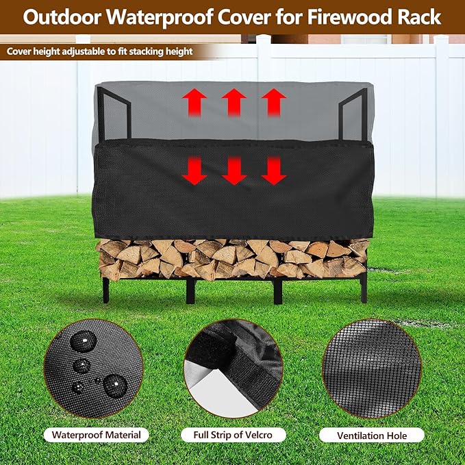 KYATE 4ft Firewood Rack Outdoor with Adjustable Cover Fireplace Wood Storage Indoor Heavy Logs Stand Stacker Holder Strong Lumber Racks Outside for Courtyard Patio