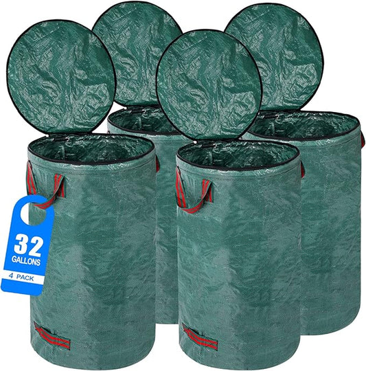 4 Pack 32 Gallons Reusable Yard Waste Bags with Zipper Lid Lawn Leaf Bags Heavy Duty with 4 Handles Garden Waste Bags Container for Clean Up Outdoor Debris Leaves Grass Clippings