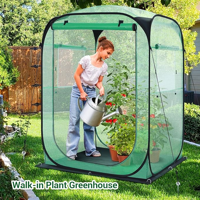 Ohuhu Pop Up Greenhouse for Outdoors, Portable Walk-in Mini Green House with Removable PE Mat & Mesh Window Fast Set-up GreenHouses for Indoor Outside Protecting Plant from Cold Frost & Birds