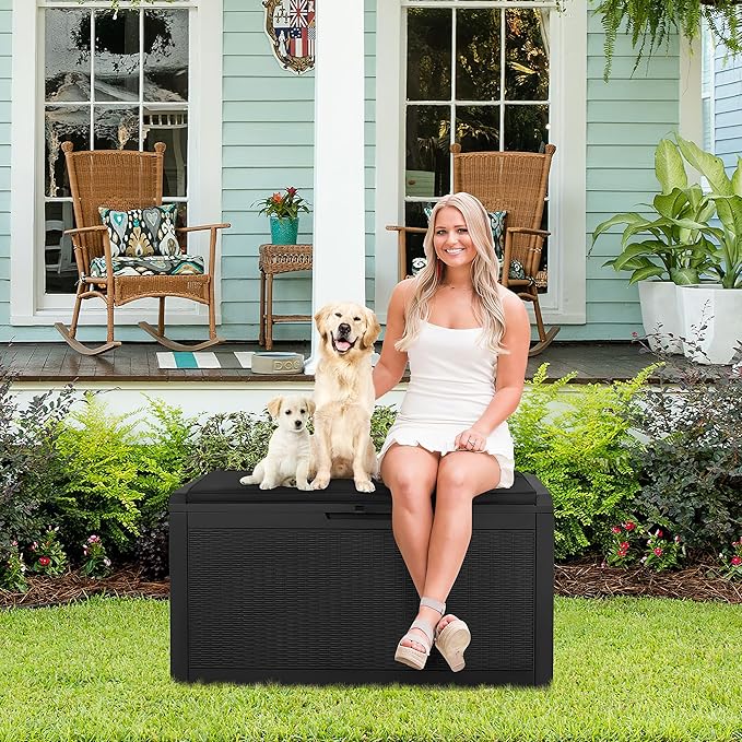 Devoko 100 Gallon Waterproof Large Resin Deck Box Outdoor Storage Box Indoor Lockable Storage Container with Cushion for Patio Furniture Garden Pool Cushions (Black)
