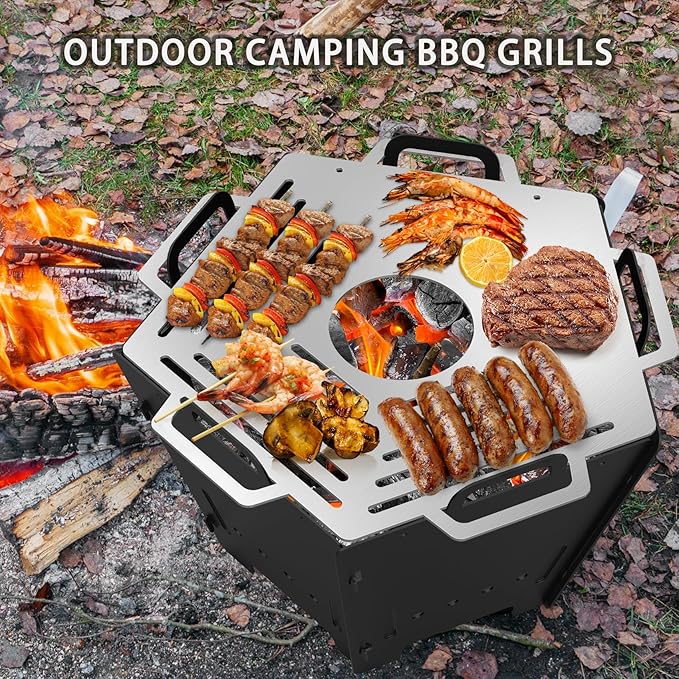 Onlyfire 2 in 1 BBQ Charcoal Grill & Fire Pit, Foldable Camp Grill with Stainless Steel Cooking Grate, Portable Outdoor Firepit for Camping Backyard Patio RV Car Trip Tailgating, Pentagon, GS357
