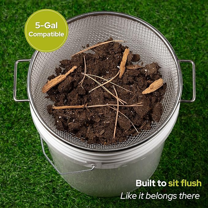 Round Soil Sifter for 5-Gallon Bucket (1/4-inch Mesh), Stainless Steel Garden Sieve with Handles