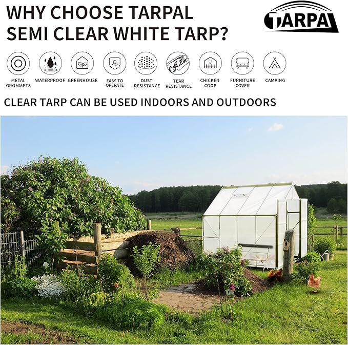 TARPAL 8'x20' Semi Clear White Tarp Waterproof Green House Cover with Grommets 7.5mil Clear Poly tarps for Gardening,Farm, Garden,Chicken Coops,Outdoor