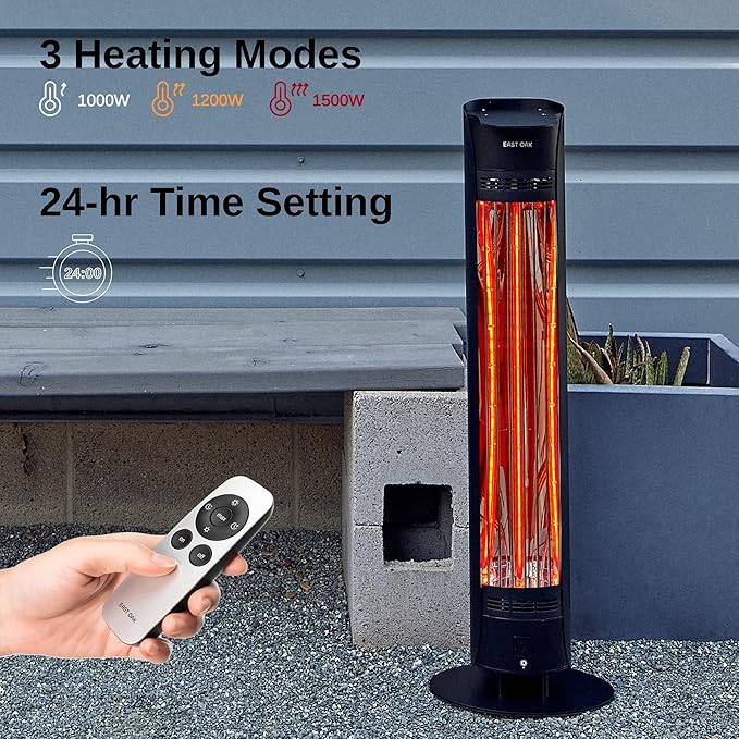 EAST OAK 1500W Infrared Electric Patio Heater, Indoor/Outdoor Tower Space Heater with Remote Control, 24H Timer, Waterproof IP65, Safety Tip-Over & Overheat Protection for Garage, Deck, Backyard