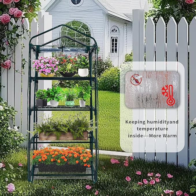 GreenGiggle 4 Tier Mini Indoor Outdoor Greenhouse,27"x19"x62" Greenhouses with PVC Cover and Roll-Up Zipper Door,Plastic Green House for Inside Grow Tent&Garden greenhouses for Outdoors
