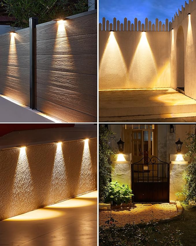 Solar Fence Lights Outdoor Waterproof LED,4LEDs Focus Lens Solar Wall Lights,Auto ON Off Warm White Outdoor Lights for Patio,Deck,Fence, Step,and Railing,Backyard Decor(4Pack)