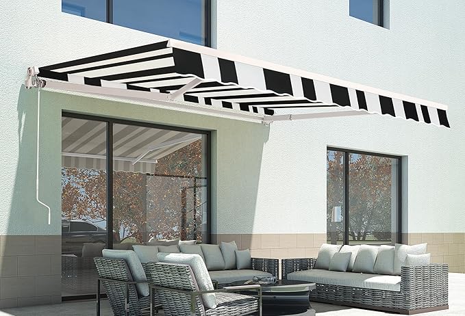 MCombo 13.2x7.8 Feet Manual Retractable Patio Door Window Awning Sunshade Shelter Outdoor Canopy,1308 (White with Black Stripes, 13.2'(L) x 7.8'(W))