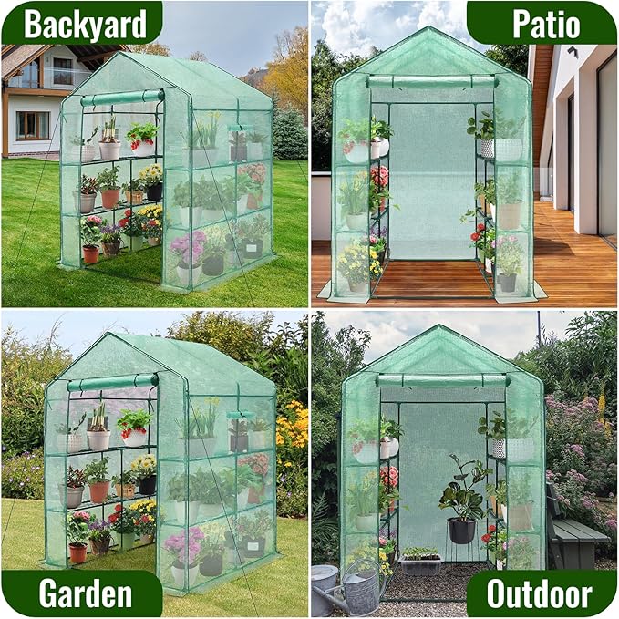Greengro Greenhouse, 57 x 57 x 76'' Greenhouses for Outdoors, Durable Green House Kit with Window, Thicken PE Cover, 3 Tiers 8 Shelves, Heavy Duty Walk in Green Houses for Indoor Backyard Outside