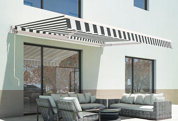 MCombo 13.2x7.8 Feet Manual Retractable Patio Door Window Awning Sunshade Shelter Outdoor Canopy,1308 (Grey with White Stripes, 13.2'(L) x 7.8'(W))