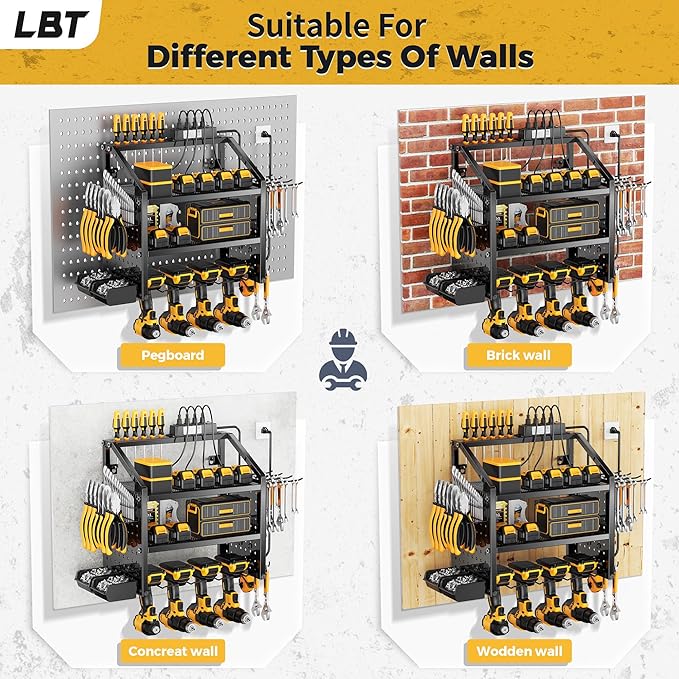 LBT Heavy Duty Metal Power Tool Organizer Wall Mount with 4 Outlet Charging Station & Drill Holder, 4 Layer Garage Storage Rack 120LB, Gift for Men Dad Husband (Workshop, Anniversary, Father's Day)