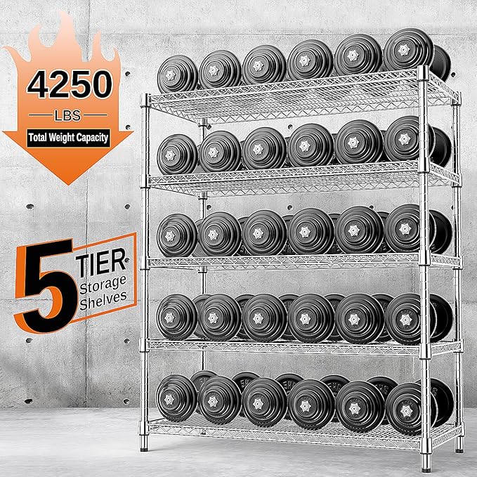 IZEUK 4250 LBS Garage Shelving Wide Storage Shelves 5 Tier Metal Shelves Heavy Duty Adjustable Utility Shelf Rack Chrome 17.7" D x 59.1" W x 70.4" H