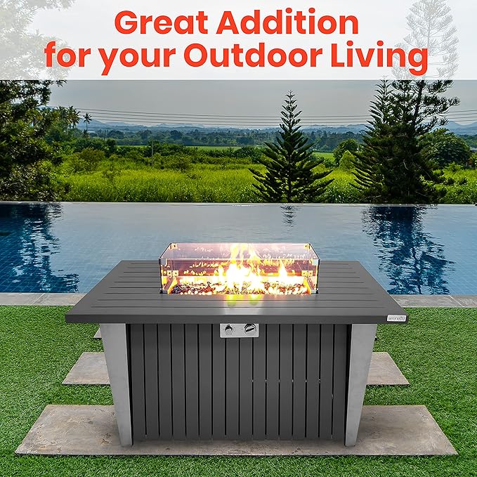 52 Inch Gas Fire Pit Table, 50,000 BTU Propane Pits for Outside with Steel Lid and Lava Rock, 2 in 1 Firepit Table Gatherings Parties on Patio Deck Garden Backyard