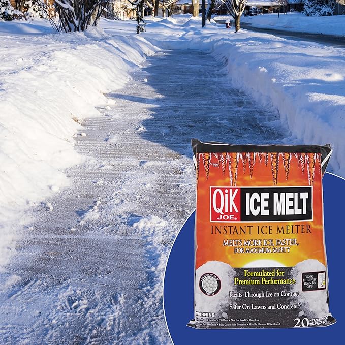 Qik Joe Calcium Chloride Ice Melt - Instant Snow and Ice Melt for Sidewalks, Driveways, Steps, and Parking Lots - Deicer for Concrete, Asphalt, and Other Surfaces - 10 Lbs
