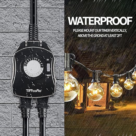 TiFFCOFiO Outdoor Timer Outlet for Lights, 24 Hour Mechanical, Outdoor Light Timer Waterproof, 2 Grounded Outlets for Home and Garden, 15A 1/2HP, Heavy Duty, CSA Listed (2 Pack)