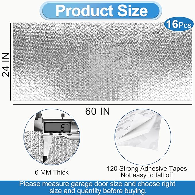 Garage Door Insulation Kit 16P Double Bubble Window Heat Insulation Panels, 6MM 24" x 60" Reflective Aluminum Foil Summer/Winter Barrier Insulation Sheets with 120 Adhesive Tapes for Garage Attic Wall