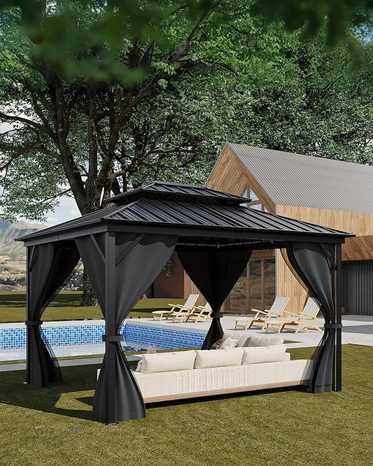12x14 Ft Hardtop Gazebos with Heavy Duty Double Roof, Nettings and Curtains Galvanized Steel Outdoor Gazebos for Patio, Backyard, Deck, Lawn (Grey)