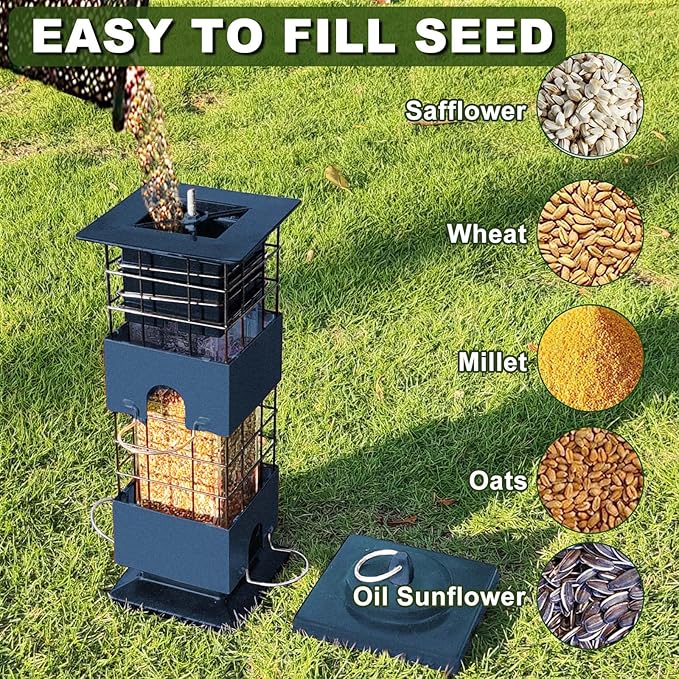 Squirrel Proof Bird Feeder for Outdoors,3Lbs Metal Birdfeeders Squirrel Proof with 4 Feeding Ports for Outside, Birds Seed Feeder for Cardinal, Finch, Sparrow,Bluejay (Blue)