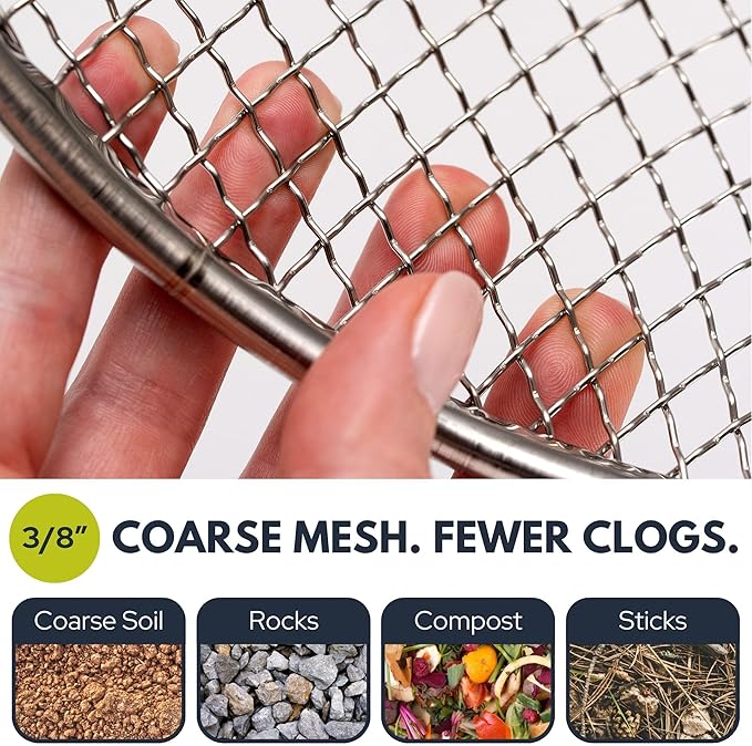 Round Soil Sifter for 5-Gallon Bucket (3/8-inch Mesh), Stainless Steel Garden Sieve with Handles