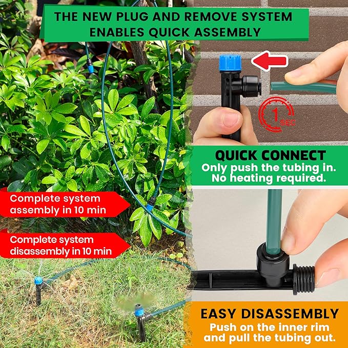 230FT Drip Irrigation System, Quick-Connect Automatic Garden Watering Misting System for Greenhouse, Yard, Lawn with 1/2 inch Hose, 1/4 inch Distribution Tubing, Drip Emitters, Connectors