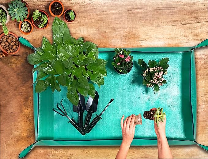 Plant Repotting Mat for Indoor Plants Potting Soil, 43" X 29" Large Plant Repotting Potting Tray, Portable Potting Mat Gardening Tray for House Plants Succulents, with 15 Pieces Pot Hole Mesh Pads