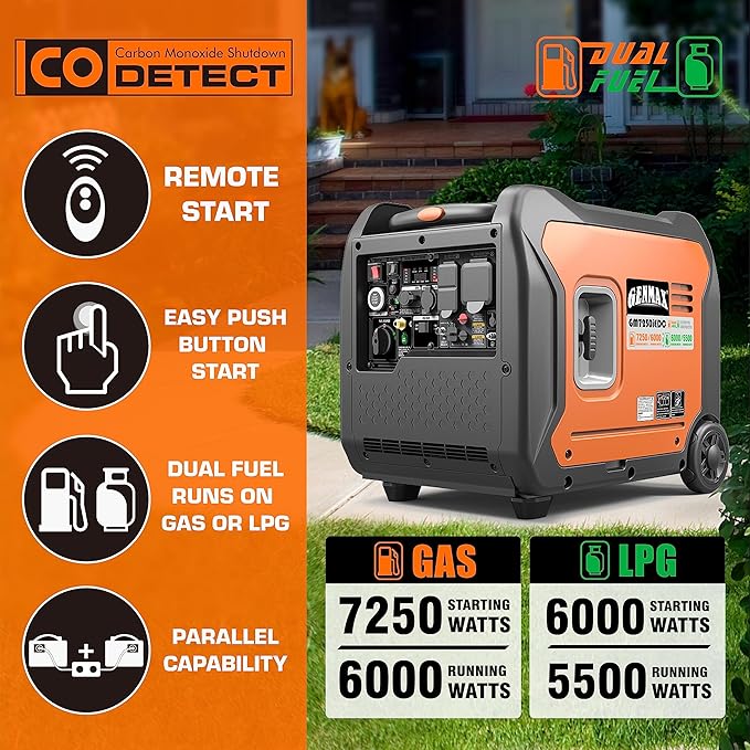 GENMAX Portable Generator, 7250W Super Quiet Dual Fuel Portable Engine with Parallel Capability, Remote/Electric Start, Ideal for Home backup power.EPA &CARB Compliant (GM7250iEDC)