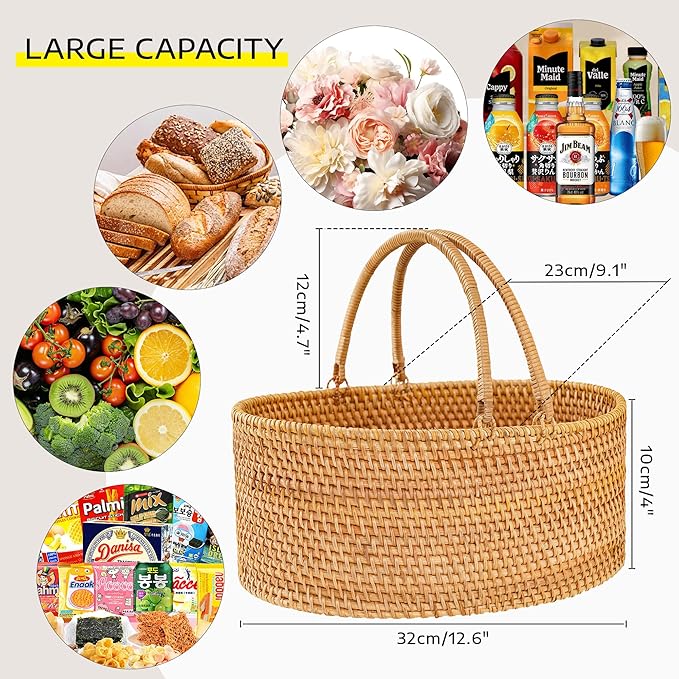 Rattan Picnic Basket with Handles, Oval Wicker Gift Basket for Wedding, Camping(12.6"×9.1"×4")