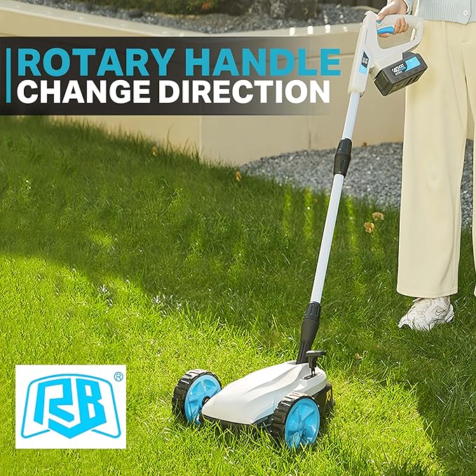 RB 9" Cordless Lawn Mower, 40V 2Ah Battery & Charger, Upright Storage, Brushless Motor 6000RPM, 3 Cutting Heights (1.2"-2"), One-Hand Steering, Detachable Handle, Safe Tilt 20°-70° for Small Yards