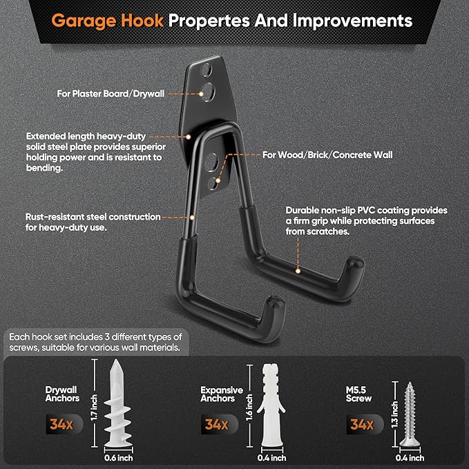 Nacial 18 Pack Garage Hooks Heavy Duty, Utility Steel Garage Storage Hook with 2 Storage Straps, Utility Garage Wall Mount Hooks for Hanging Bike, Ladder and Garden Tools, Perfect for Father Day Gifts