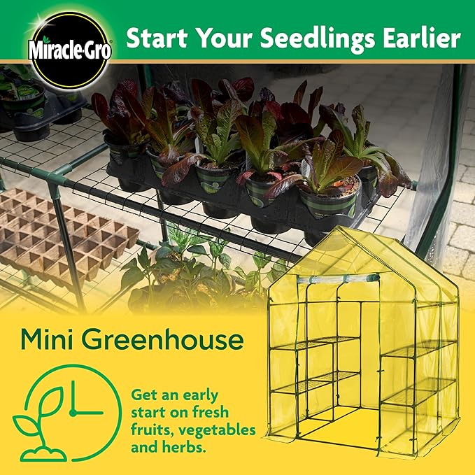 Miracle-GRO 4'8" x 4'8" x 6'5" Outdoor Mini Walk-in Greenhouse Plant Tent, All-Season Small Walk-in Plant Growth Accelerator with 8 Wire Shelves, Clear