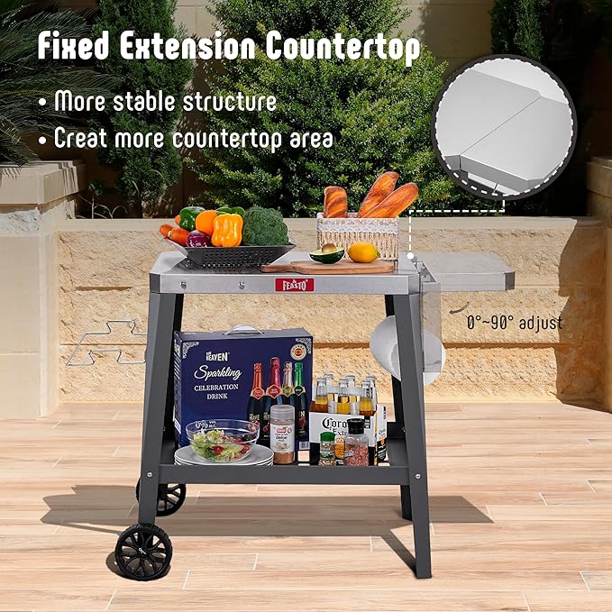 Outdoor Grill Cart, Pizza Oven Table with Wheels, Stainless Steel Countertop with Foldable Extension Table, Versatile Food Prep Grill Cart for Outdoor BBQ Cooking Gathering