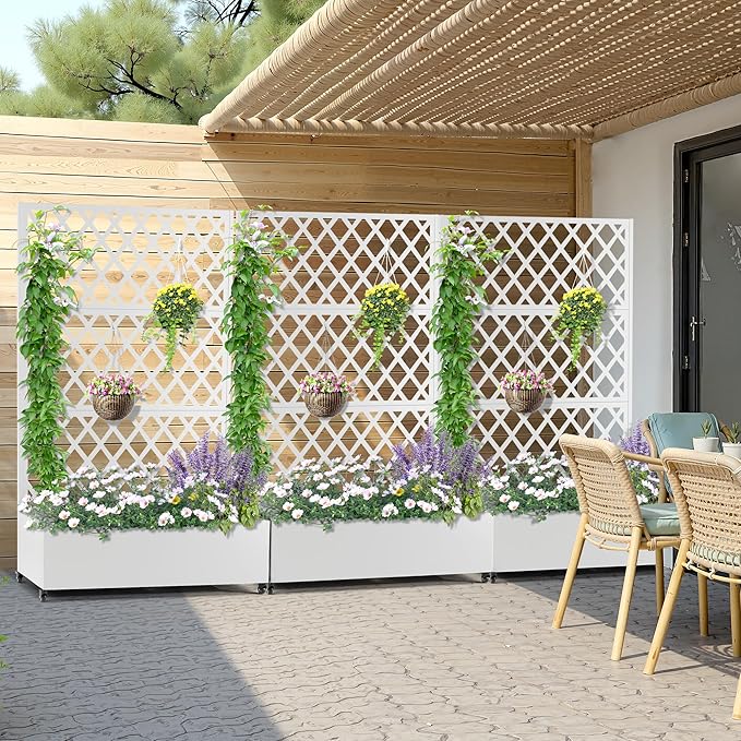 Metal Planter Box with Trellis, Heavy-Duty Raised Garden Bed for Climbing Plants, Drainage Hole, Outdoor Planter Box with Privacy Screen,47''L×16''W×71''H