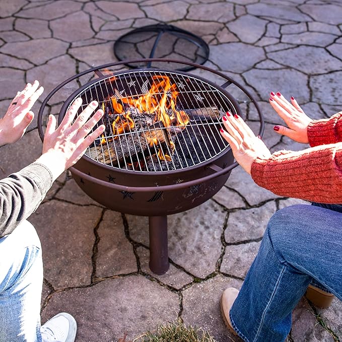 Sunnydaze Cosmic 30-Inch Outdoor Fire Pit - Wood Burning Fire Pit with Cooking BBQ Grill Grate, Spark Screen, and Fireplace Poker - Celestial Design