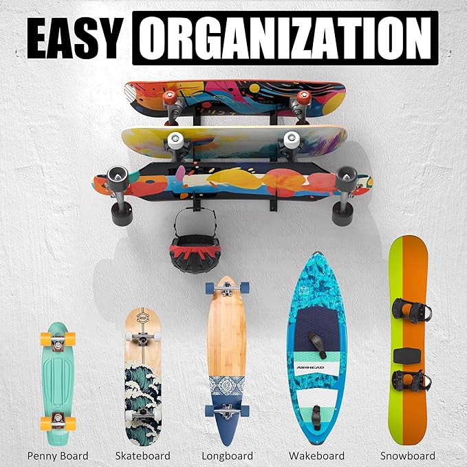 UNIREDPOWER Skateboard Storage Rack, Wall Mounted Organizer Shelf, Wall Display Hanger Holds Up 3 Pairs of Longboard Deck, Garage, Home, Shed