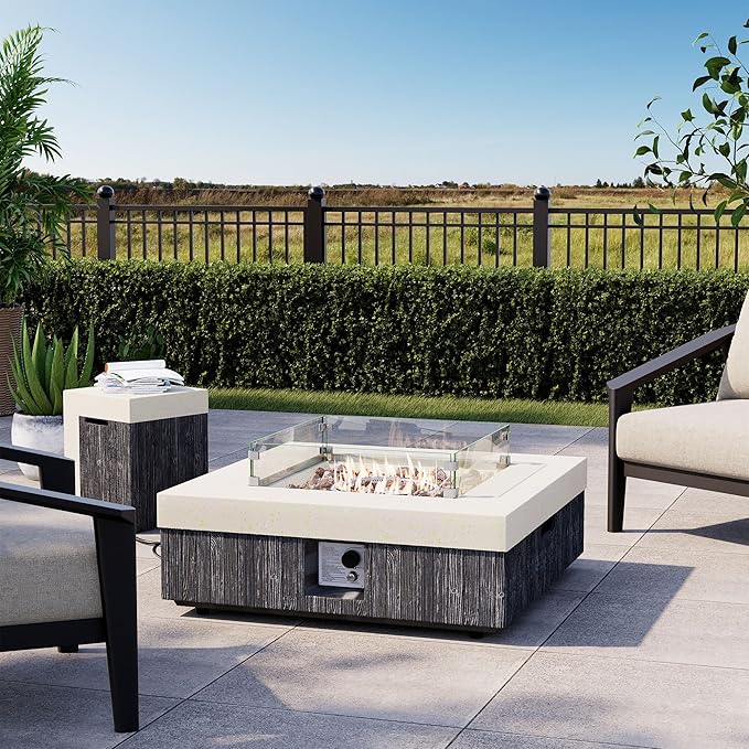 COSIEST 35" Outdoor Propane Fire Pit Table w Tank Cover & Wind Guard, Square Gas Fire Pit Table with Concrete & Wood Grain Design, 50000BTU CSA Certified Fire Tables for Patio, Backyard, Garden