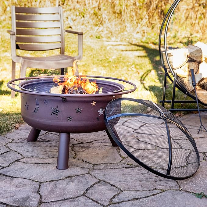 Sunnydaze Cosmic 30-Inch Outdoor Fire Pit - Wood Burning Fire Pit with Cooking BBQ Grill Grate, Spark Screen, and Fireplace Poker - Celestial Design