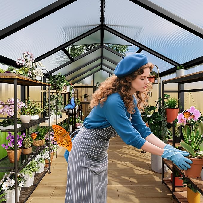 6x8 FT Greenhouse for Outdoors, Polycarbonate Greenhouse with Roof Vent, Ground Nails, Lockable Push Door, Aluminum Large Walk-in Green House for Outside Garden Backyard, Patio, Lawn, Black