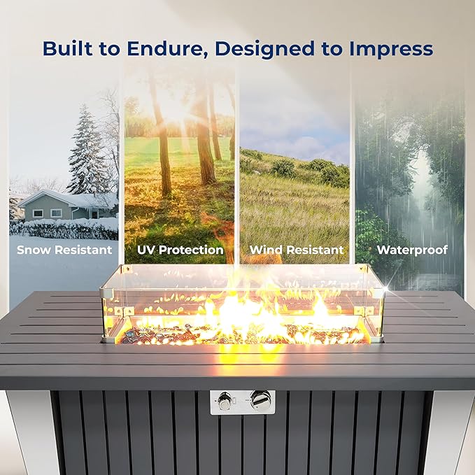 Outdoor Propane Fire Pit Table - CSA/ETL Certified 50,000 BTU Pulse Ignition Weatherproof Rectangle Propane Gas Fire Table w/Adjustable Flame - Glass Wind Guard, Glass Rocks - SereneLife SLNFLGA5