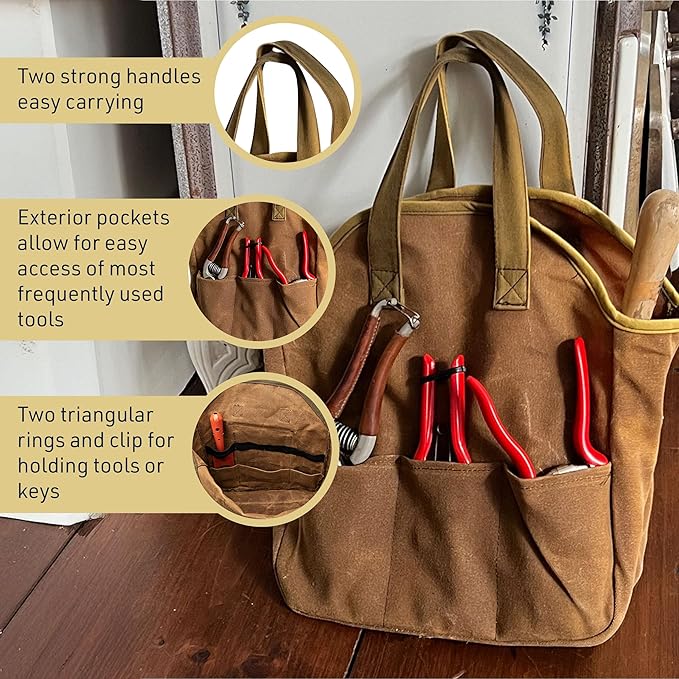 Garden Tool Bag - 12x14” Heavy Duty Waxed Canvas Tote Bag Caddy with 6 Interior and 3 Exterior Pockets for Organizing Gardening Tools - Gardening Gifts for Women and Men by Kings County Tools